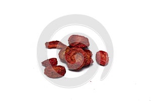 Freeze dried strawberries on a white background.