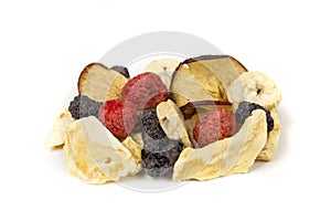 Freeze dried strawberry, blackberry, raspberry, apple, mango and banana pieces isolated over white. Top down view