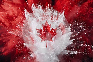 Freeze motion of colored powder explosion of red and white colors with maple leaf. Ai generatedstration