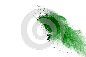 Freeze motion of green powder exploding on white background