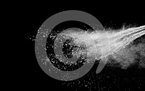 Freeze motion of white dust particles splash on black background.White powder explosion clouds