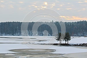 Freeze and snowy dam Rimov on river Malse