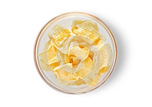 Freezed healthy mango bites on white background.Top view.Macro.AI Generative