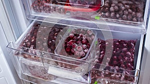 The freezer compartment door is open. Frozen cherries are in plastic containers.