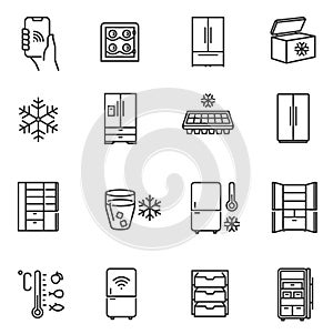 Freezer, cooler, fridge thin line icons set isolated on white. Icebox, cold-storage, reefer pictograms.