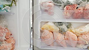 Freezer Filled with Meat and Vegetable Packets Frozen in Plastic Bags Food Reserve Stored for Food Preparation