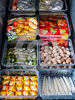 The freezer shelves are fully stocked with a wide array of frozen foods, including vegetables, fruits, proteins, and