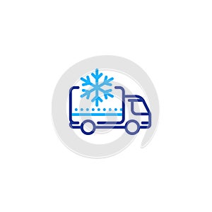 Freezer truck line icon, cold product delivery transportation