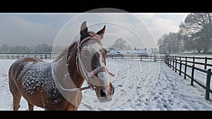 A freezing brown horse wears a pink bridle, standing in the snowy landscape