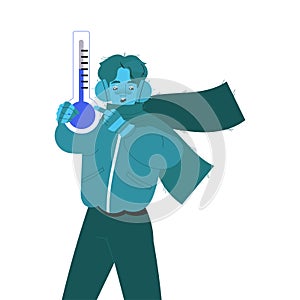 Freezing from Cold Man Character in Scarf Showing Thermometer with Low Temperature Vector Illustration