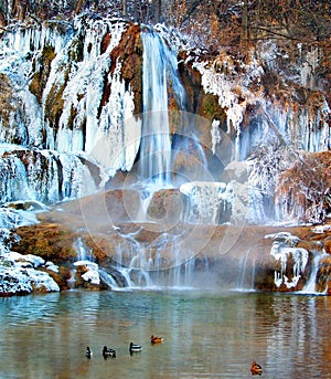 A freezing cold waterfall in Lucky village, Slovakia