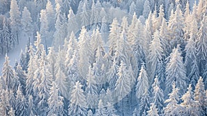 Freezing evergreen forest with snowcovered trees on a sloping landscape