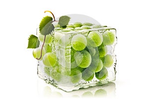 Freezing fruit. Ripe green grapes in an ice cube on a white background. Preservation of fruit in winter by freezing. Generative AI