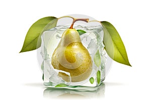 Freezing fruit. Ripe yellow pear in an ice cube on a white background. Preservation of fruit in winter by freezing. Generative AI