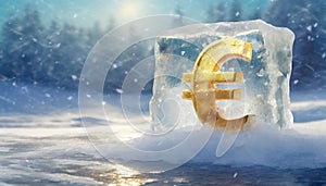 Freezing golden Euro sign in a block of ice - frozen interest rate