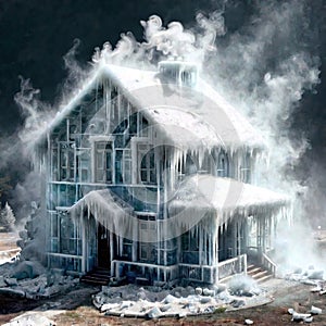 Freezing house, home building, cold frozen and covered with ice