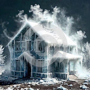 Freezing house, home building, cold frozen and covered with ice