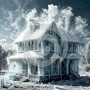 Freezing house, home building, cold frozen and covered with ice