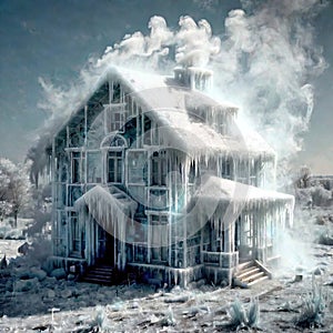 Freezing house, home building, cold frozen and covered with ice