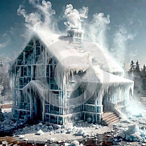 Freezing house, home building, cold frozen and covered with ice