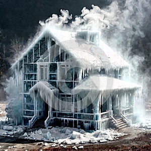 Freezing house, home building, cold frozen and covered with ice