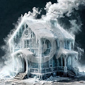 Freezing house, home building, cold frozen and covered with ice