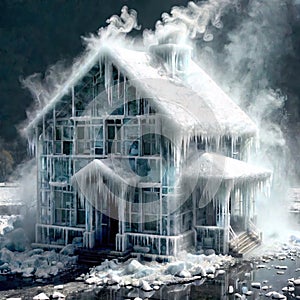 Freezing house, home building, cold frozen and covered with ice