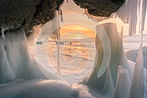 Freezing Ice cave beautiful after sunset sky, Baikal Southern Siberia Russia