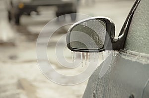 Freezing rain ice coated car.