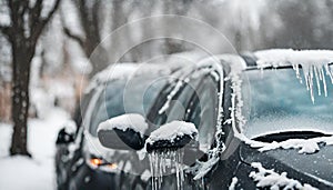 Freezing rain ice coated car. Black vehicle car covered in freezing rain,