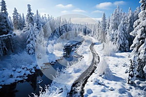 Freezing river in a snowy winter forest, snow and ice in nature, beautiful winter landscape, AI Generated