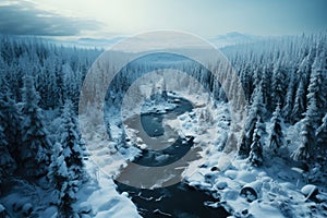 Freezing river in a snowy winter forest, snow and ice in nature, beautiful winter landscape, AI Generated