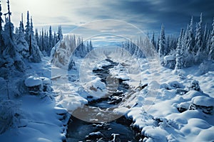 Freezing river in a snowy winter forest, snow and ice in nature, beautiful winter landscape, AI Generated