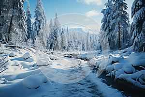 Freezing river in a snowy winter forest, snow and ice in nature, beautiful winter landscape, AI Generated