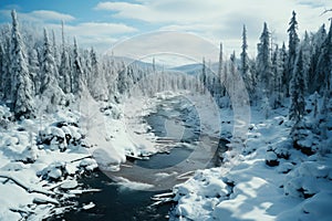 Freezing river in a snowy winter forest, snow and ice in nature, beautiful winter landscape, AI Generated