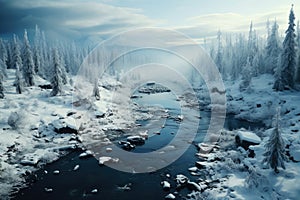 Freezing river in a snowy winter forest, snow and ice in nature, beautiful winter landscape, AI Generated