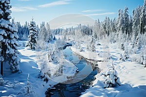 Freezing river in a snowy winter forest, snow and ice in nature, beautiful winter landscape, AI Generated