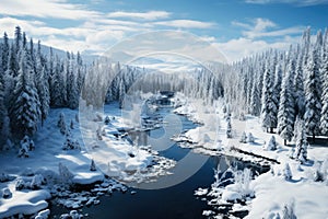 Freezing river in a snowy winter forest, snow and ice in nature, beautiful winter landscape, AI Generated