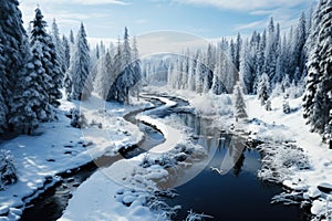 Freezing river in a snowy winter forest, snow and ice in nature, beautiful winter landscape, AI Generated