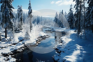 Freezing river in a snowy winter forest, snow and ice in nature, beautiful winter landscape, AI Generated