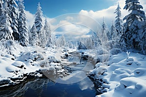 Freezing river in a snowy winter forest, snow and ice in nature, beautiful winter landscape, AI Generated