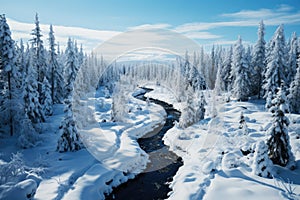 Freezing river in a snowy winter forest, snow and ice in nature, beautiful winter landscape, AI Generated