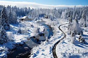 Freezing river in a snowy winter forest, snow and ice in nature, beautiful winter landscape, AI Generated