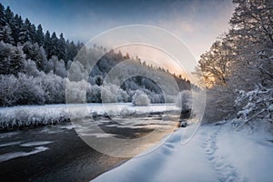 Freezing river in a snowy winter forest, snow and ice in nature, beautiful winter landscape, AI Generated