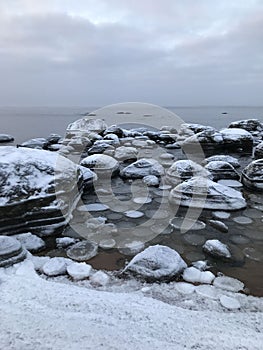 Freezing sea, stones and round ice floes.