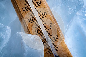 Freezing temperatures and cold weather concept with close up on a vintage thermometer surrounded by blue ice showing sub zero