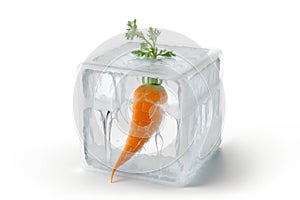 Freezing vegetables. Ripe orange carrots frozen in an ice cube on a white background. Generative AI