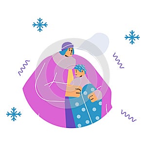 Freezing woman hug kid boy flat style, vector illustration