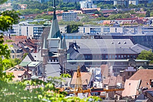 Freiburg cityscape with Martin`s Gate clock tower