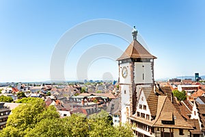 Freiburg cityscape with Schwabentor tower, Germany
